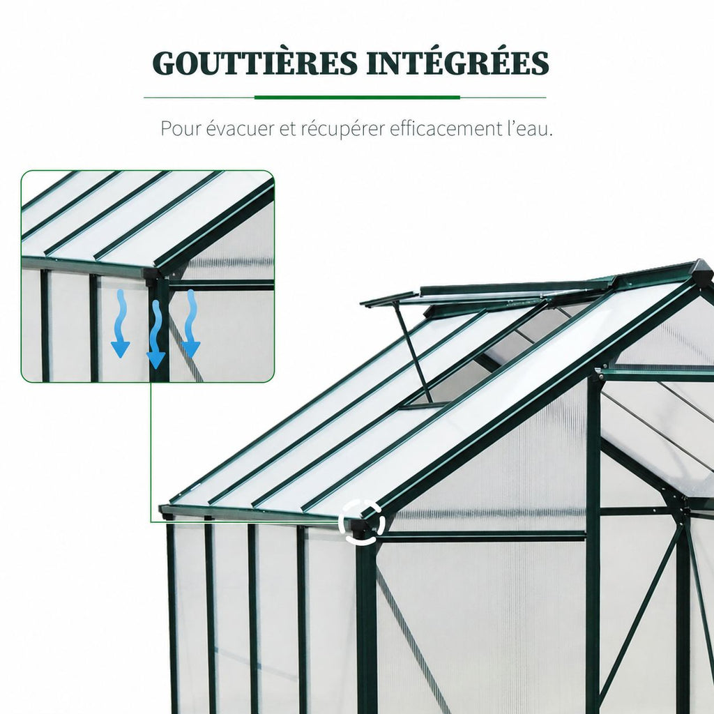 Présentation de la gouttière intégrée à la serre vert foncé
