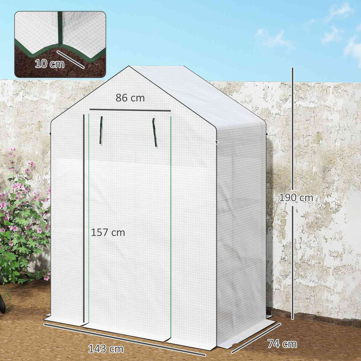 Schéma des dimensions de la petite serre blanche à toit pointu