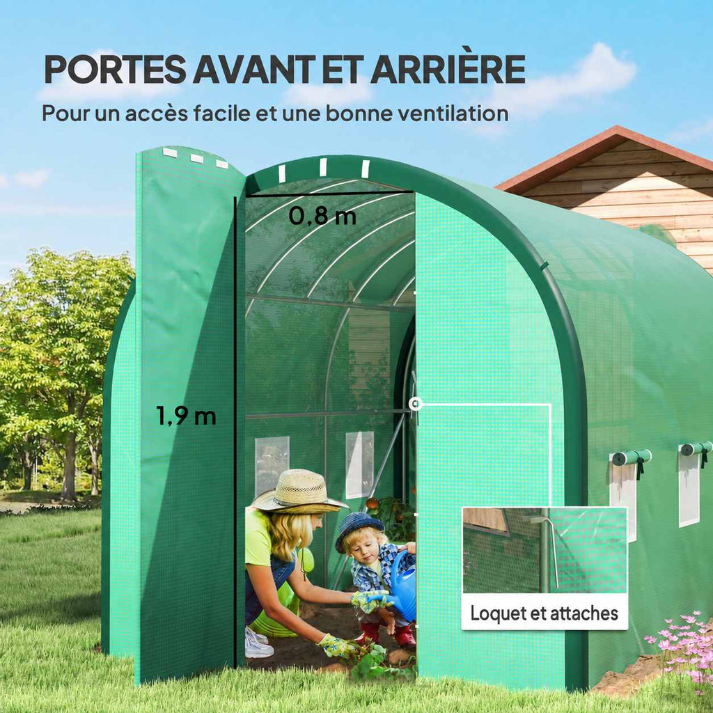 Femme et enfant jardinant dans la serre avec détail des attaches de porte