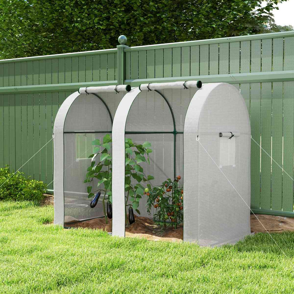 Serre blanche à deux compartiments avec plantes devant une clôture verte
