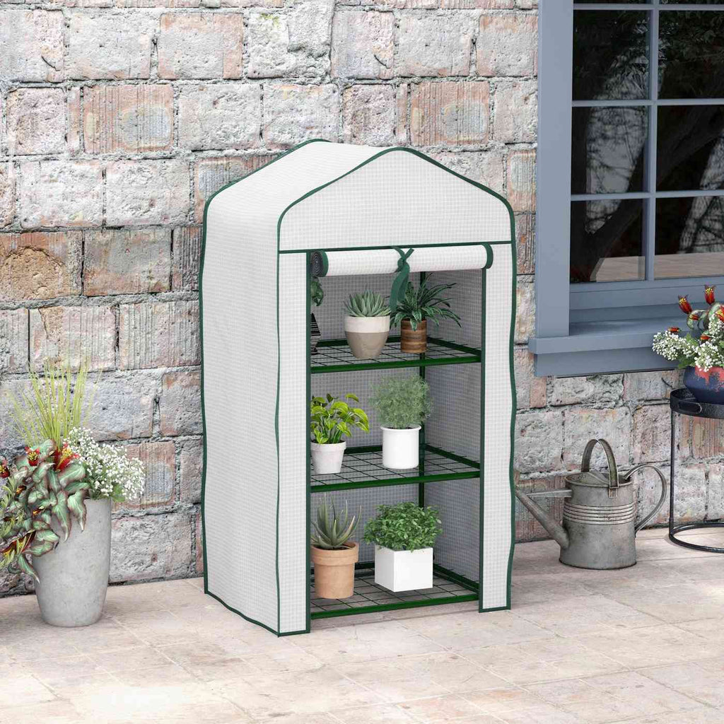Mini serre blanche avec plantes devant un mur en pierres