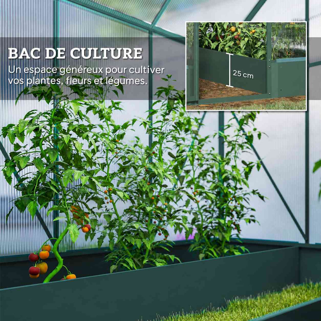 Bac de culture vert avec plants de tomates dans la serre