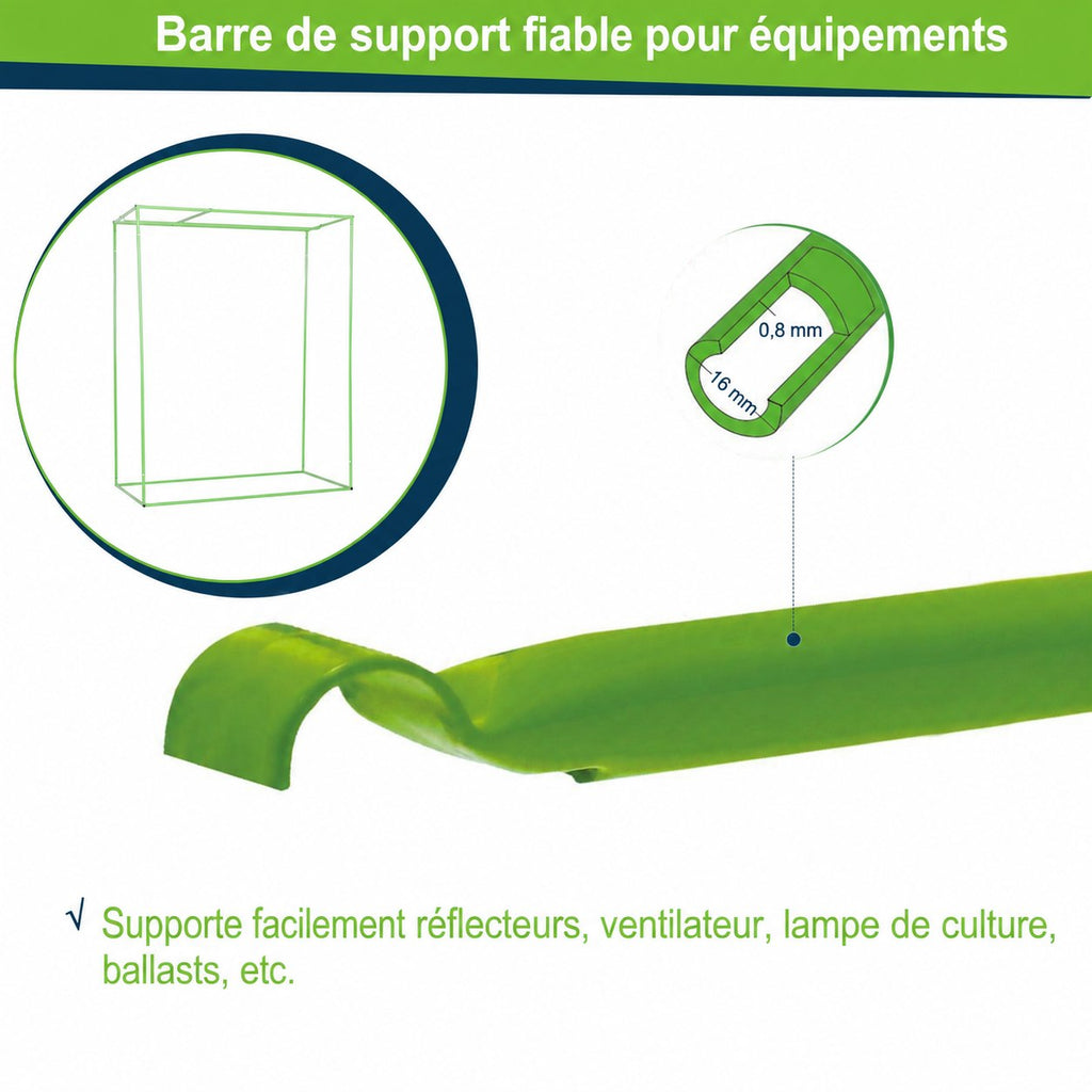 Barre verte de suspension des équipements de la chambre de culture
