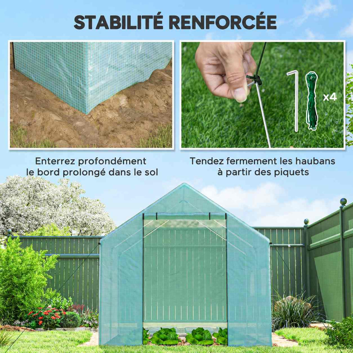 Détails de l’ancrage par piquets et du bord de bâche verte