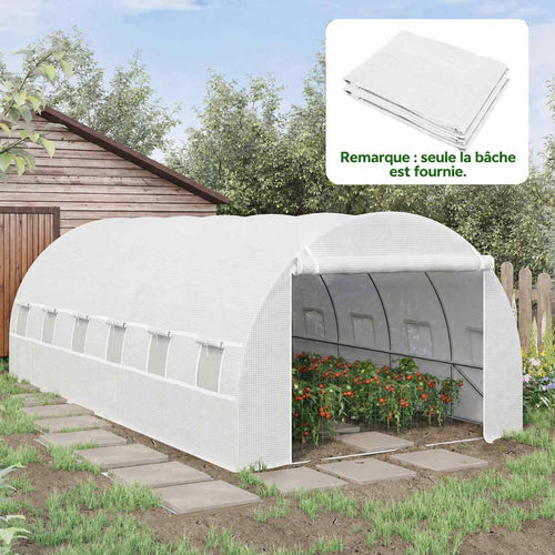 Bâche blanche montée sur une serre tunnel avec plantes à l’intérieur