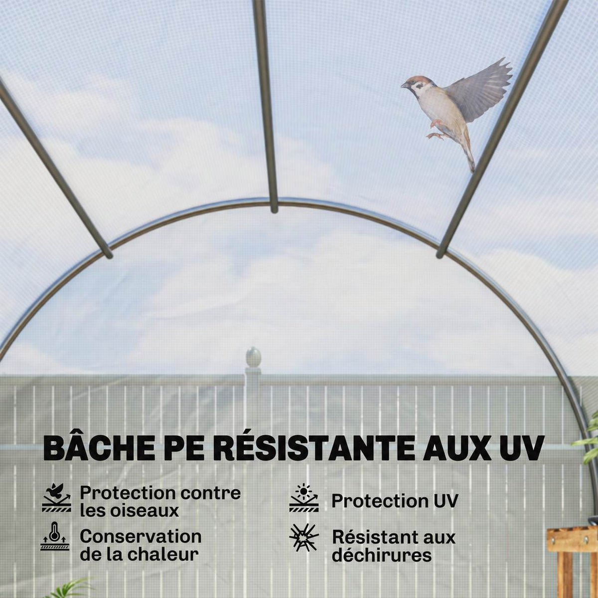 Vue intérieure du toit et de la bâche blanche de la serre tunnel