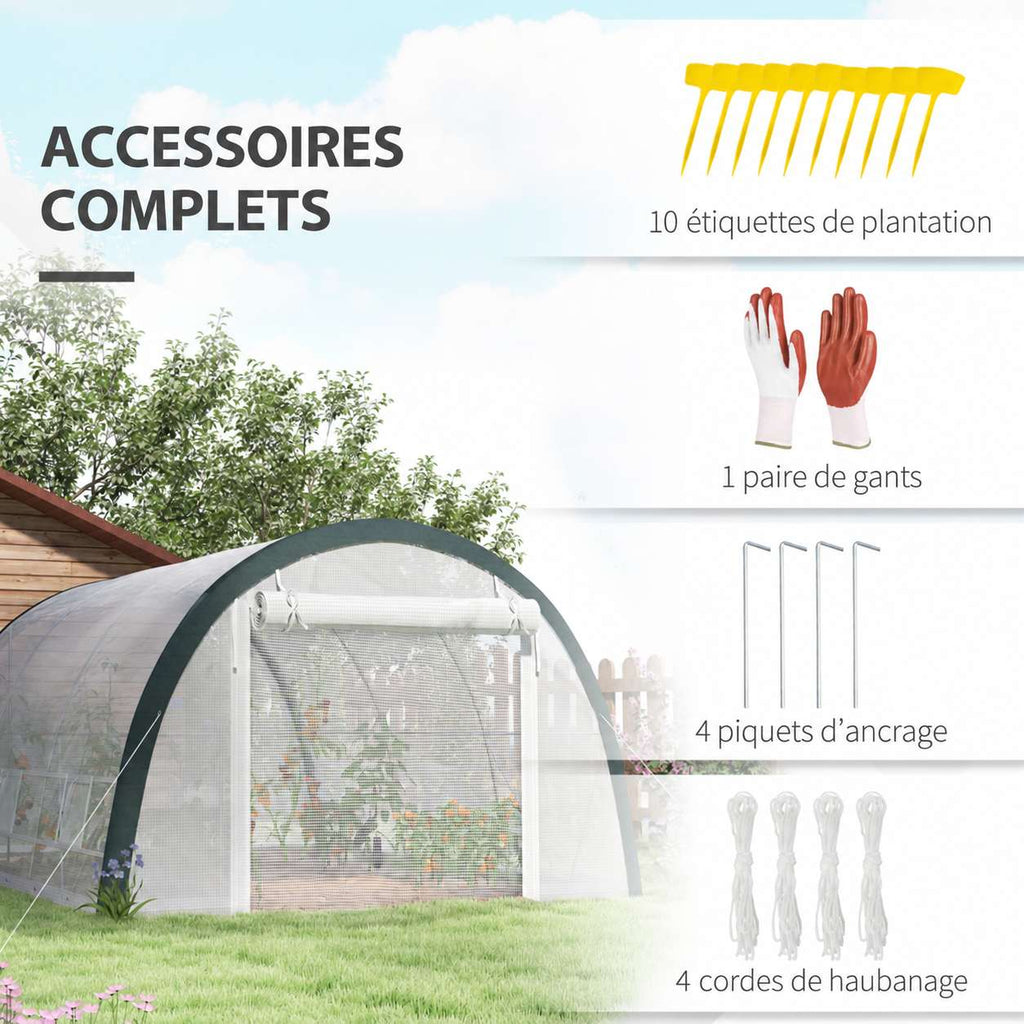 Serre tunnel blanche avec étiquettes de plantation, gants, piquets et cordes