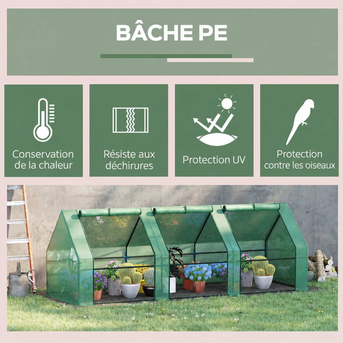 Présentation de la housse verte de la mini-serre à trois portes