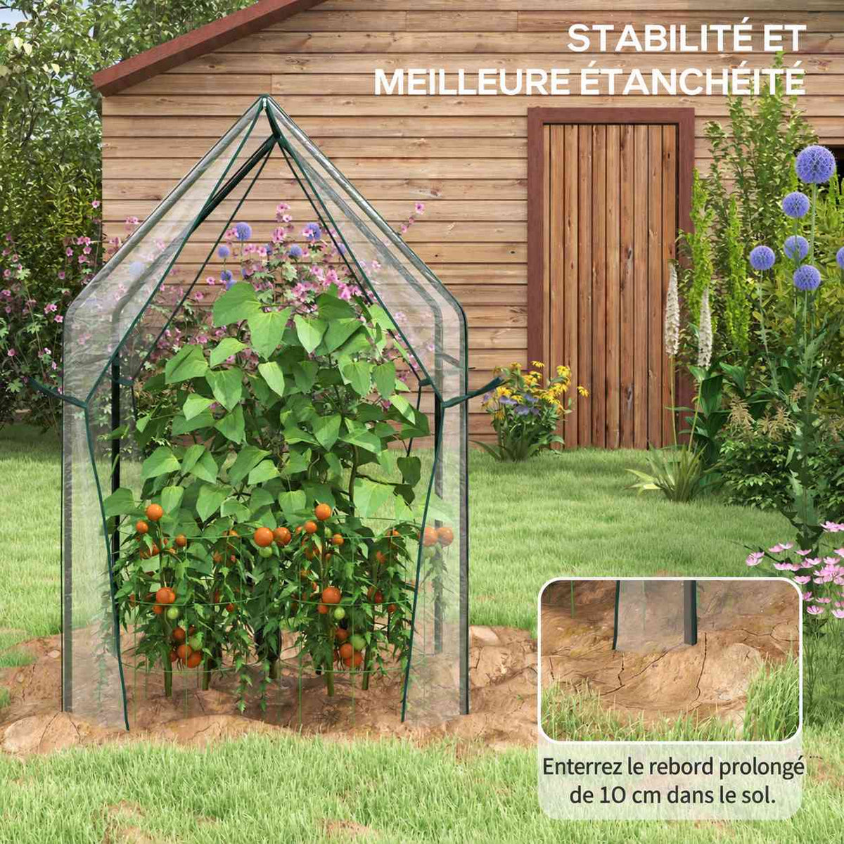 Serre transparente avec détail du bord de housse au sol