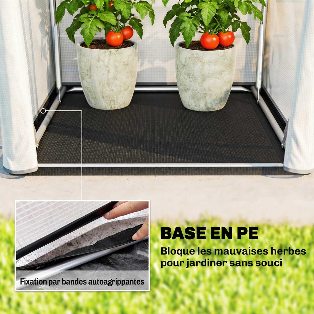 Tapis de sol noir de la petite serre sous deux pots de tomates