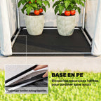 Tapis de sol noir de la petite serre sous deux pots de tomates