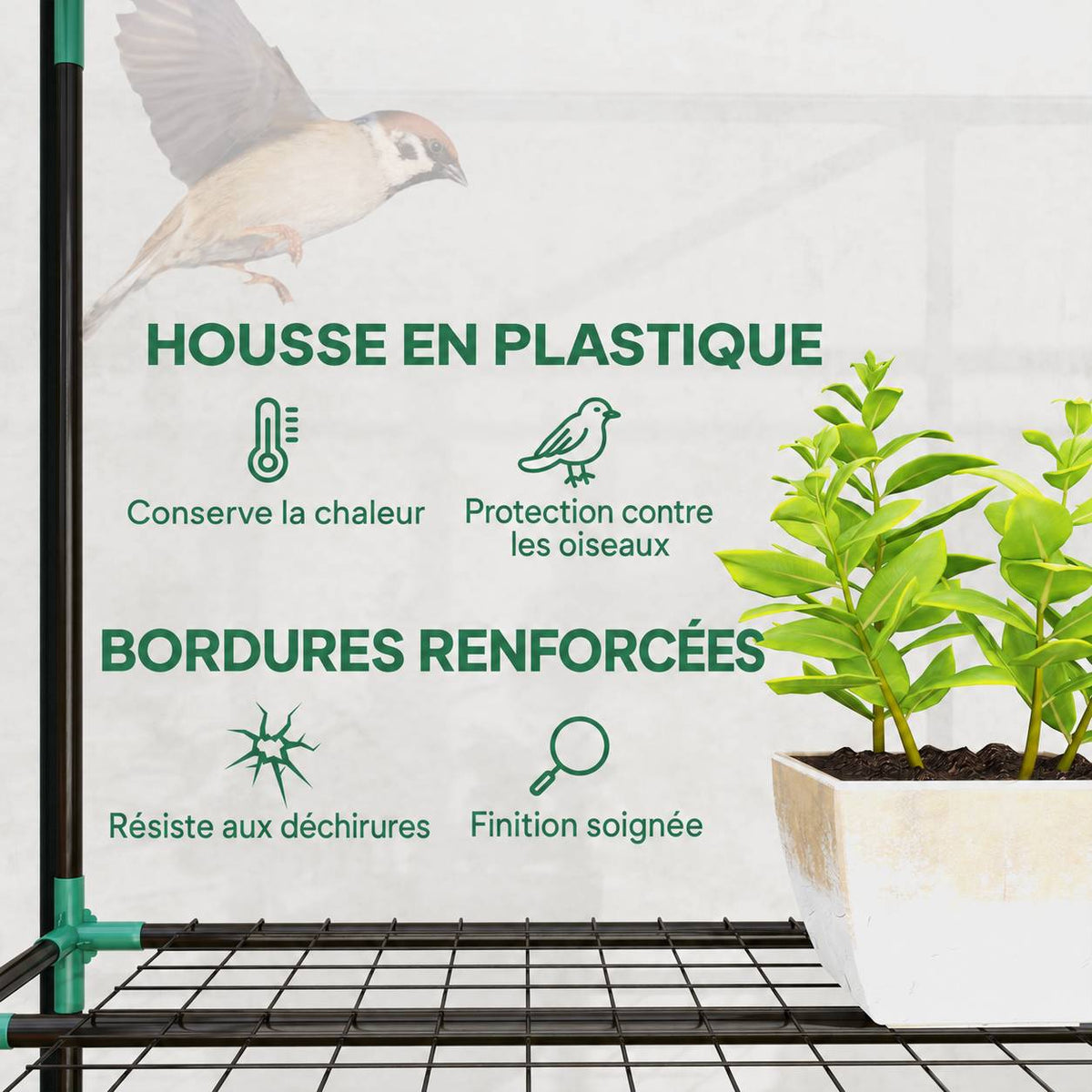 Détail de la housse transparente et d’une étagère de la serre de balcon