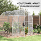 Serre transparente avec porte ouverte et cultures