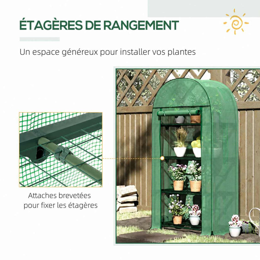 Serre verte avec plantes et détail du support de tablette