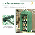 Serre verte avec plantes et détail du support de tablette