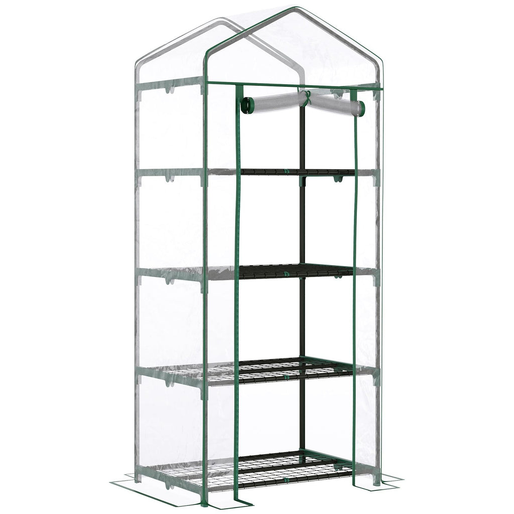 Serre de balcon transparente avec cadre vert et quatre étagères