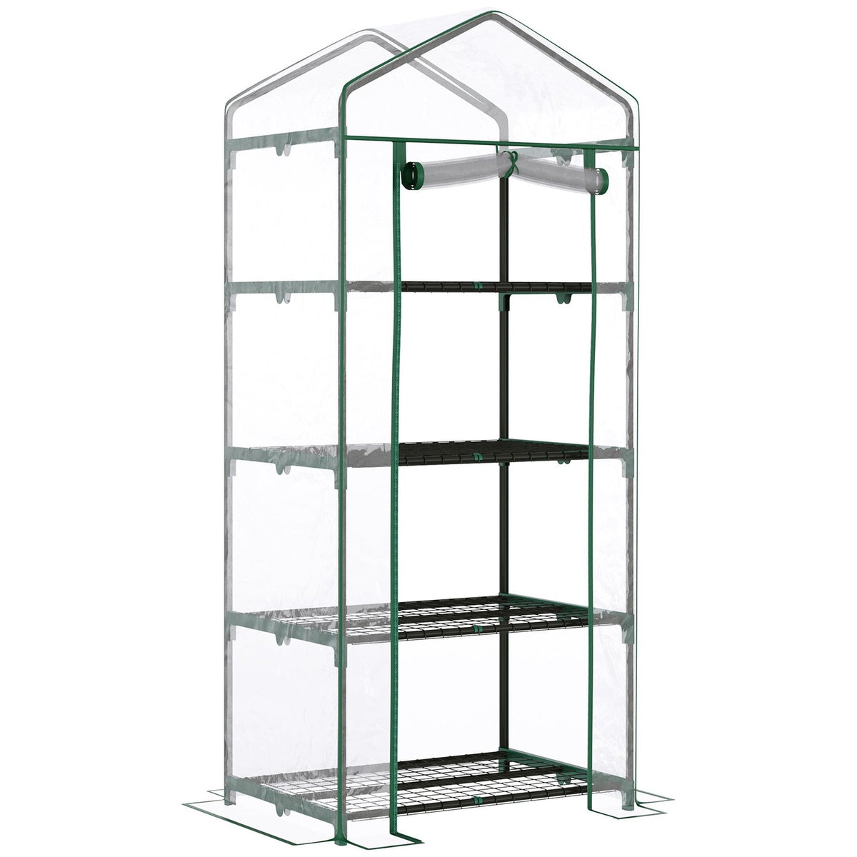 Serre de balcon transparente avec cadre vert et quatre étagères
