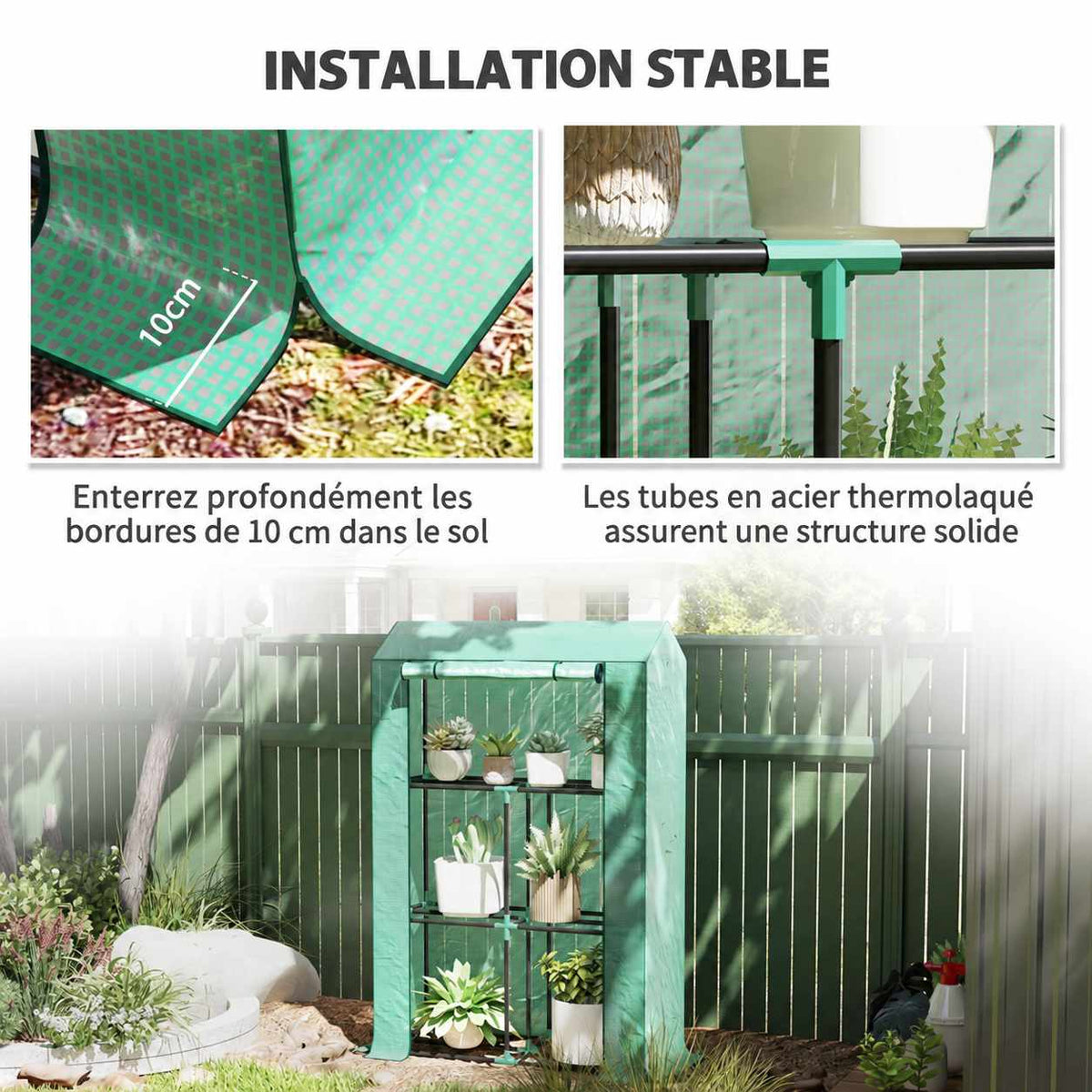 Mini serre verte avec détails du bord de housse et de l’armature