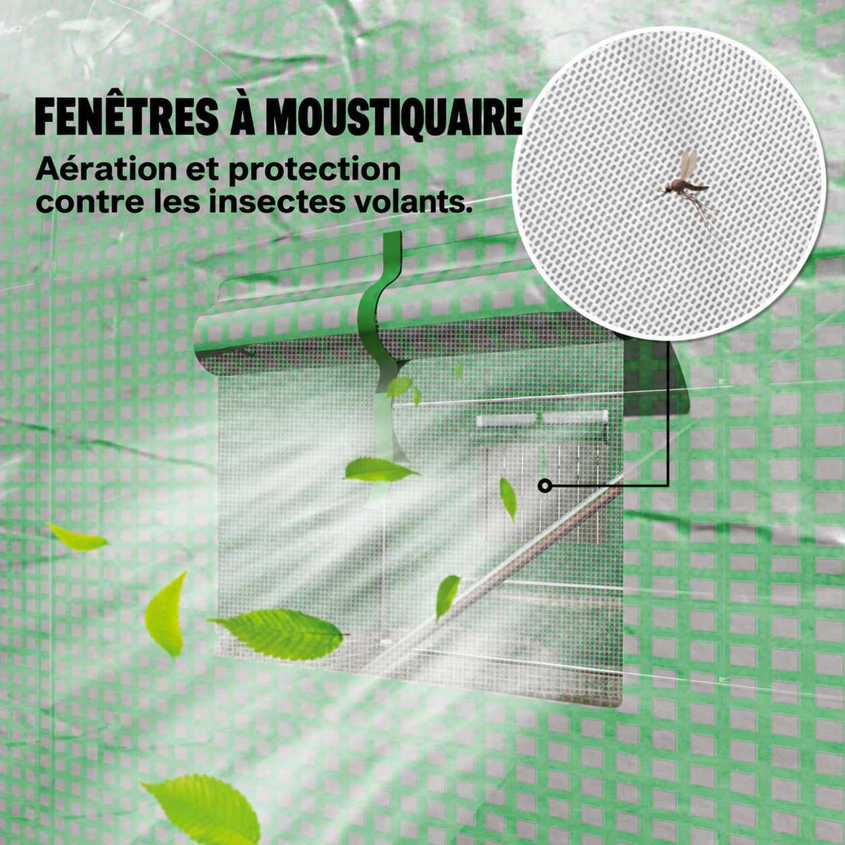 Gros plan d’une fenêtre à moustiquaire de la serre