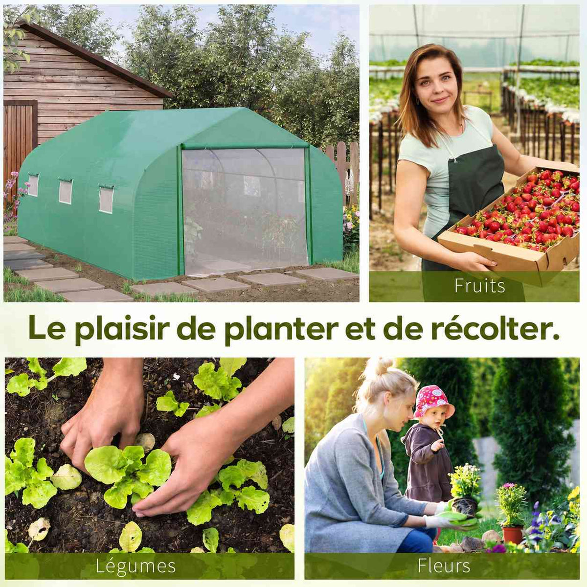 Serre verte et scènes de récolte et de plantation