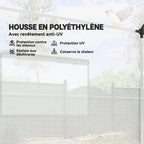 Gros plan de la bâche blanche et d’une fenêtre grillagée