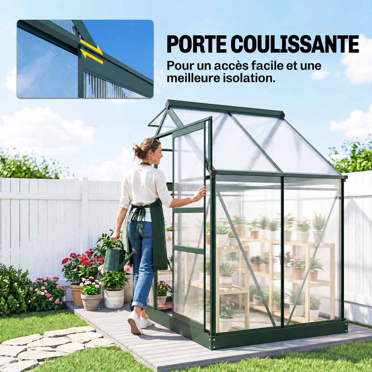 Personne devant la porte coulissante de la serre vert foncé
