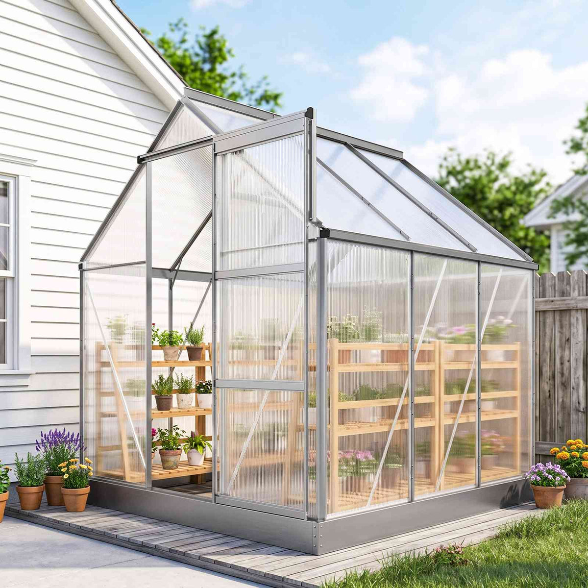 Serre en polycarbonate avec étagères près d’une maison