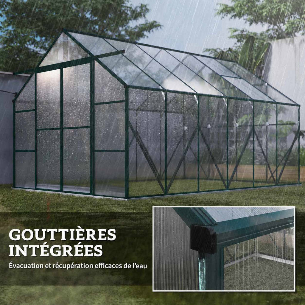 Serre verte sous la pluie et détail de la gouttière intégrée