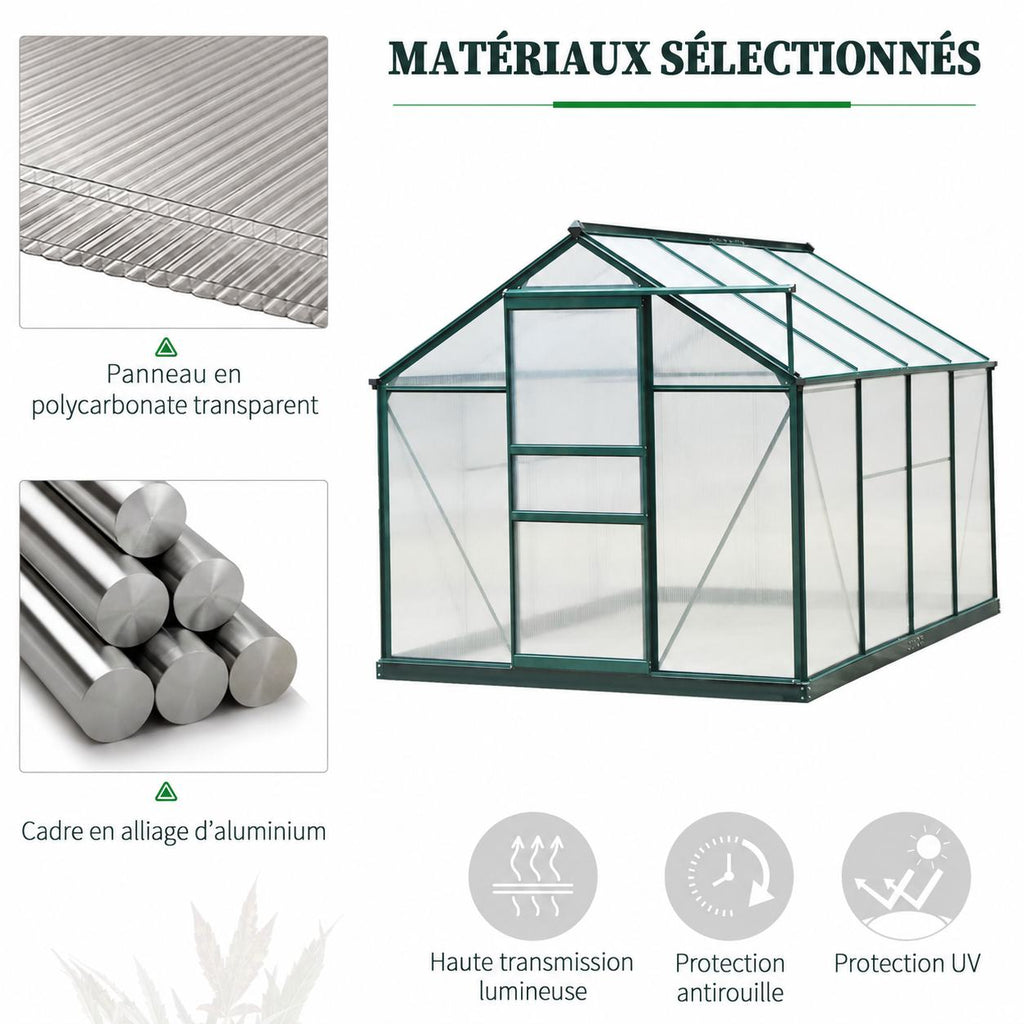 Présentation des panneaux et du cadre en aluminium vert de la serre