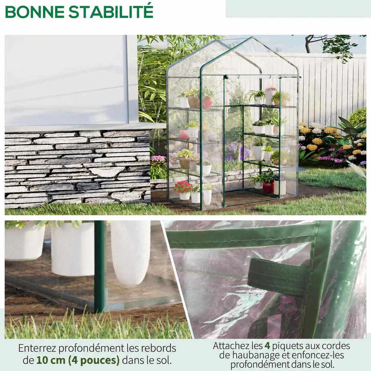 Serre transparente et détails de sa fixation au sol