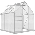 Serre argentée en polycarbonate avec porte ouverte et lucarnes relevées