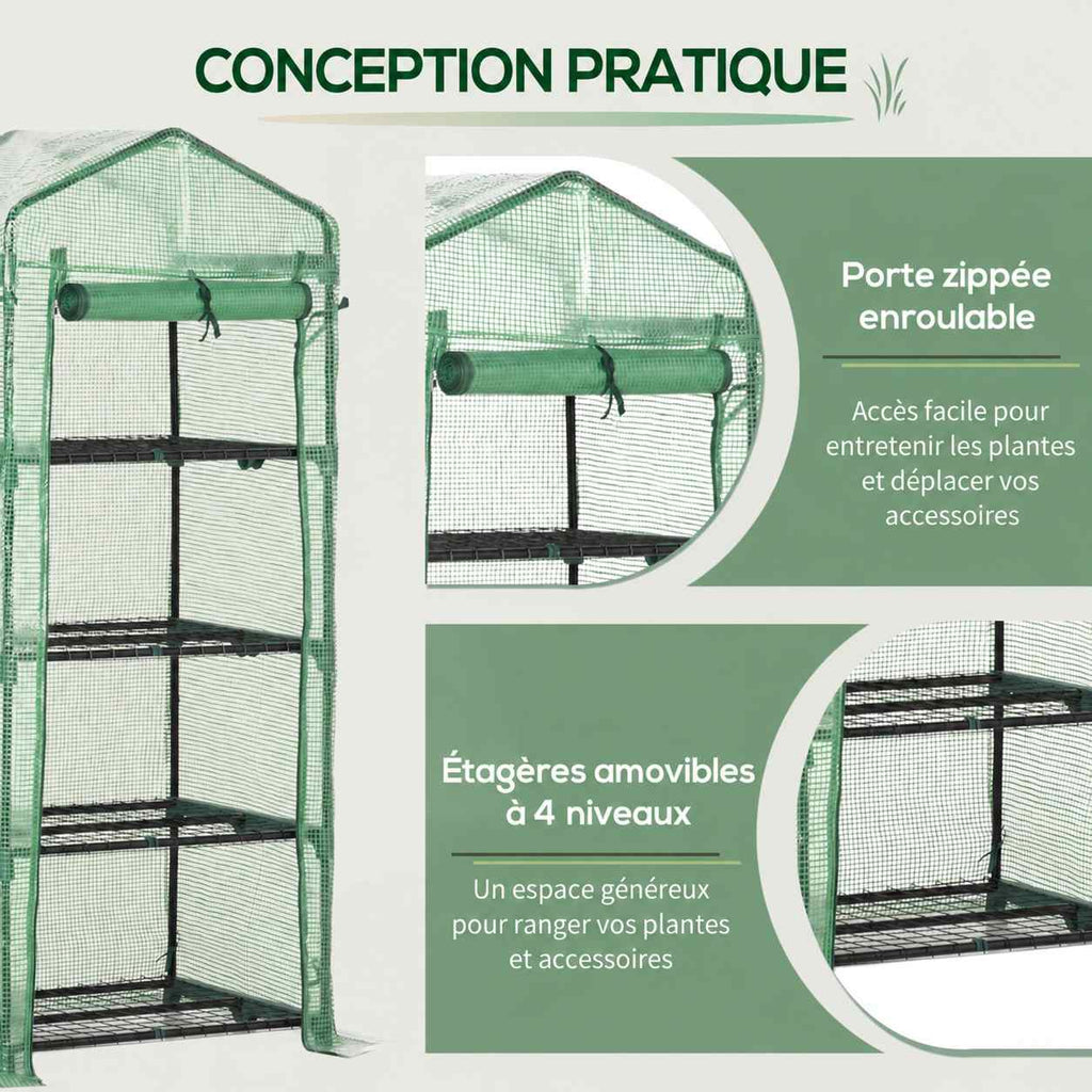 Porte enroulable et étagères grillagées de la serre de balcon