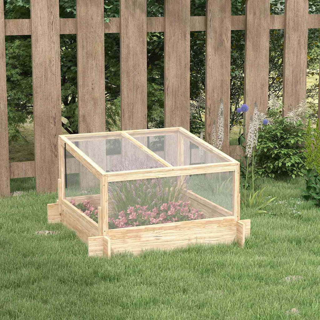 Carré potager couvert en bois avec fleurs près d’une clôture