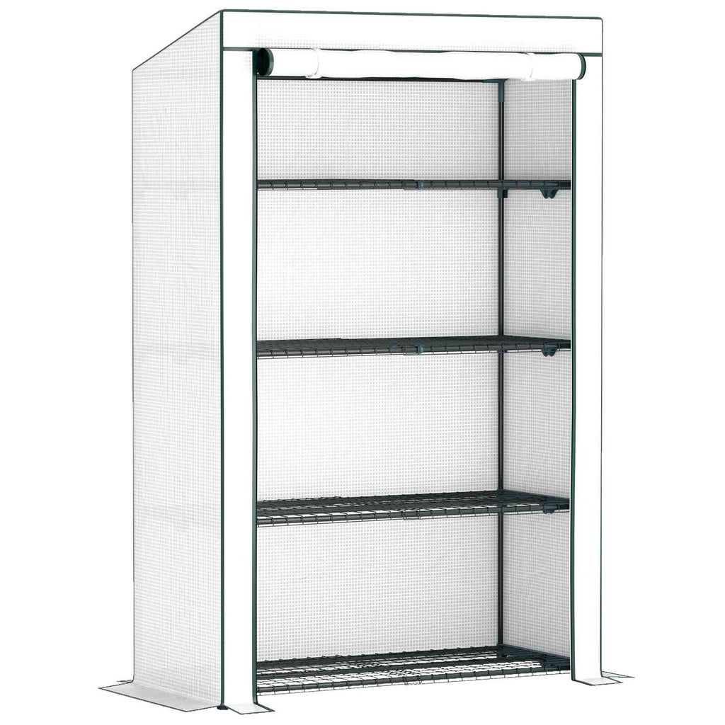 Serre de balcon blanche avec quatre étagères et toit incliné