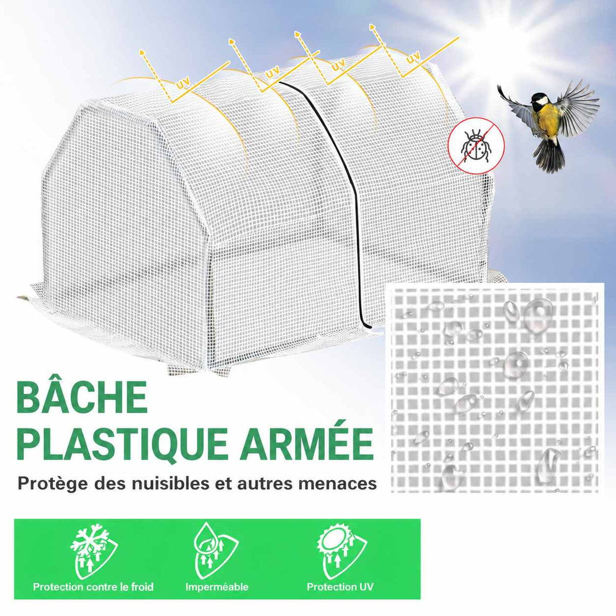Présentation de la housse blanche quadrillée de la mini-serre
