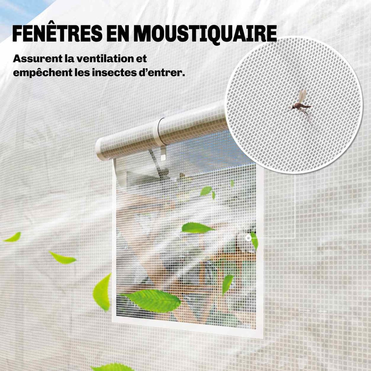 Fenêtre moustiquaire de la serre blanche avec volet enroulé