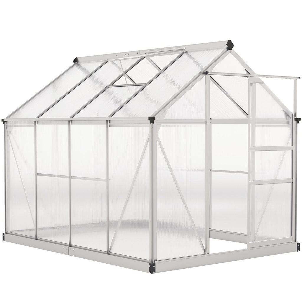Serre argentée en polycarbonate avec porte coulissante ouverte