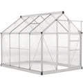 Serre argentée en polycarbonate avec porte coulissante ouverte