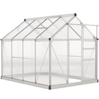 Serre argentée en polycarbonate avec porte coulissante ouverte