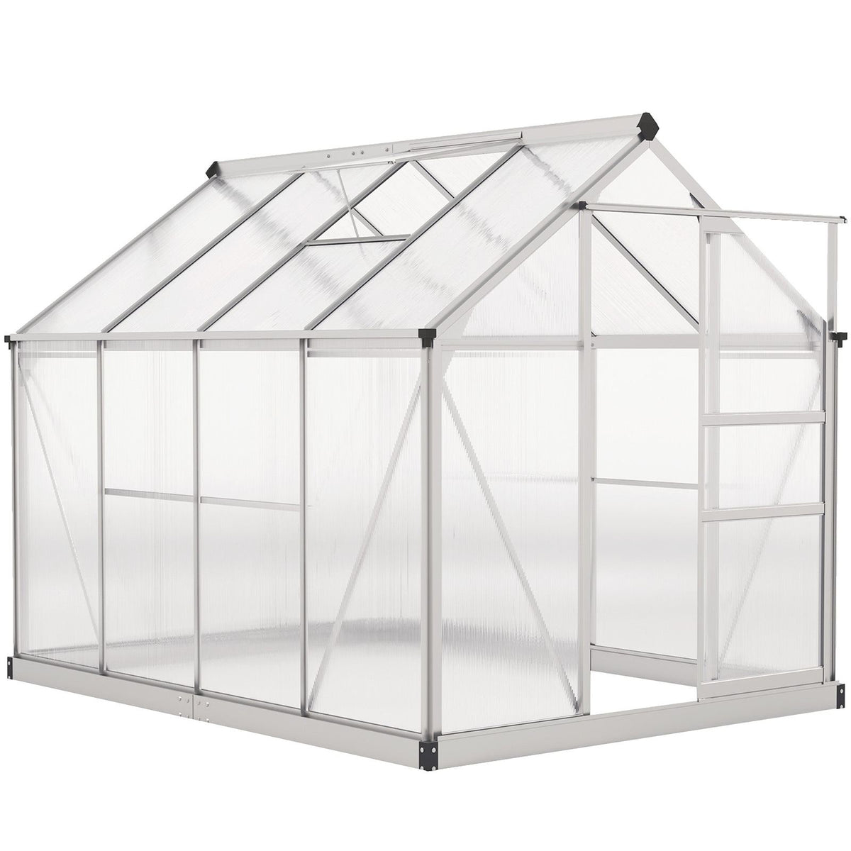 Serre argentée en polycarbonate avec porte coulissante ouverte