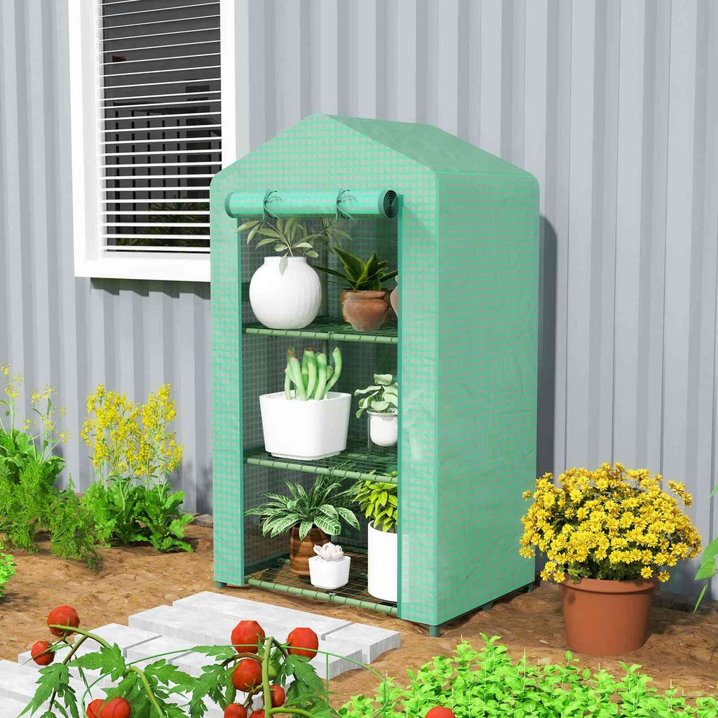 Mini serre verte avec plantes en pots près d’une maison