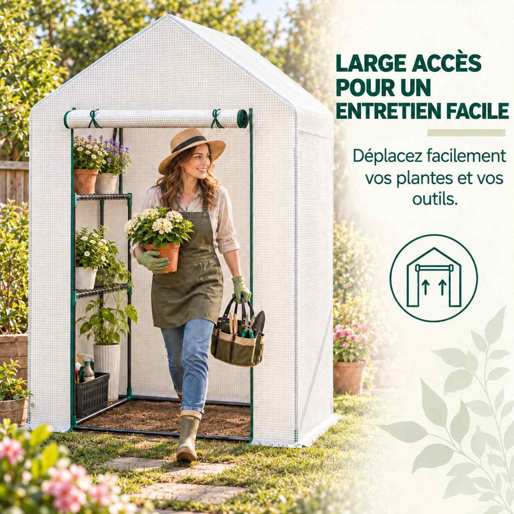 Jardinière sortant de la serre blanche avec des pots
