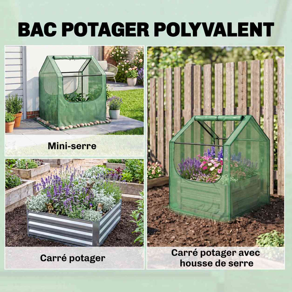 Carré potager vert présenté avec sa serre, sans housse et avec la housse verte