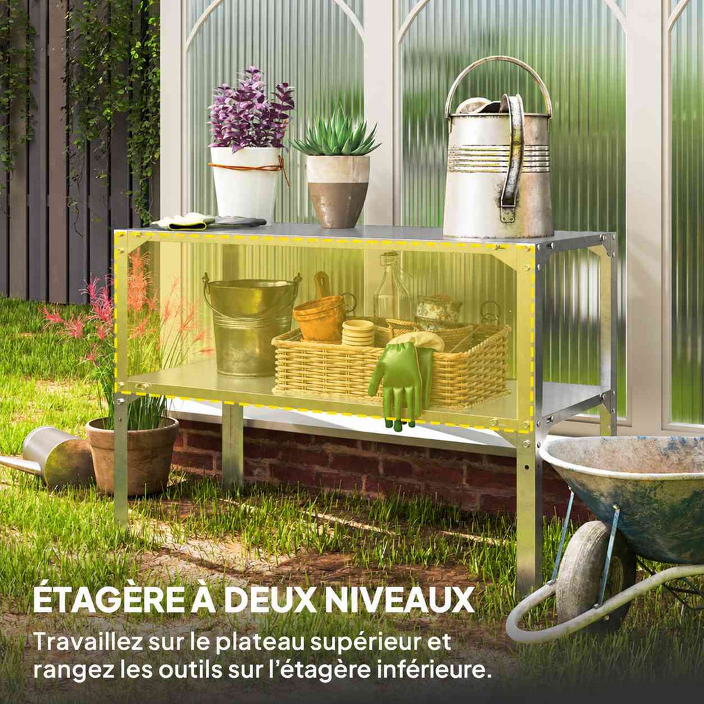 Table de rempotage argentée avec outils et accessoires sur deux niveaux