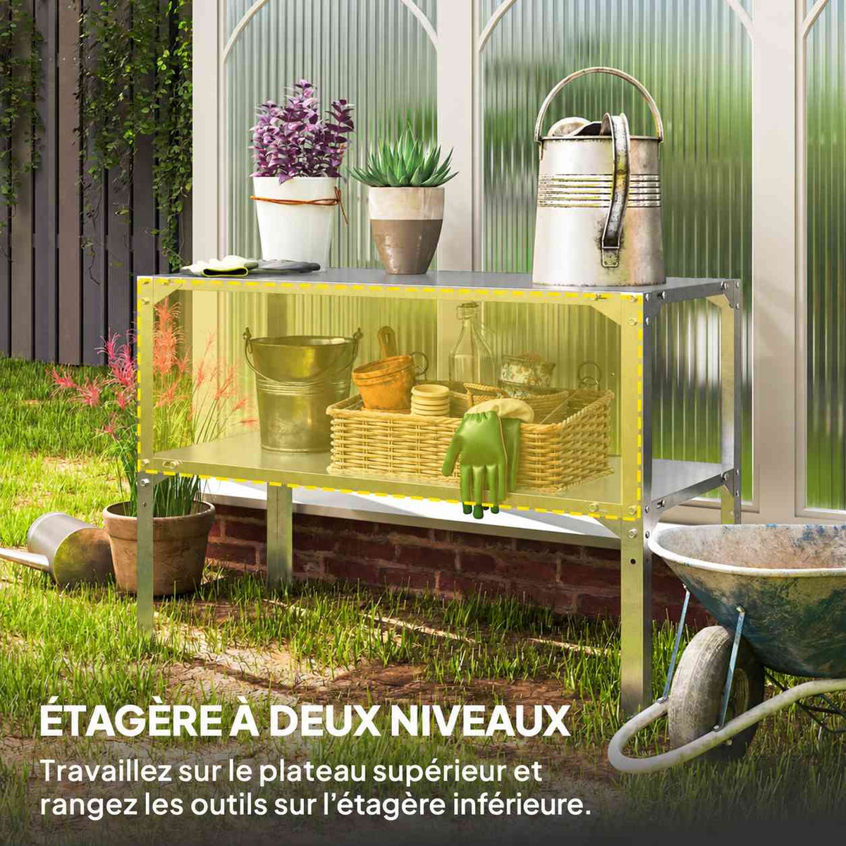 Table de rempotage argentée avec outils et accessoires sur deux niveaux