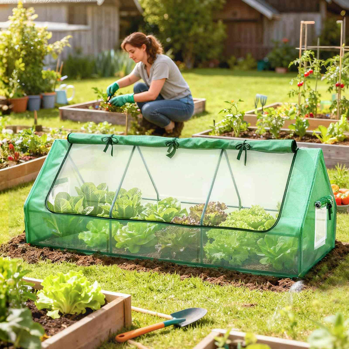 Jardinière près d’une serre basse verte dans un potager