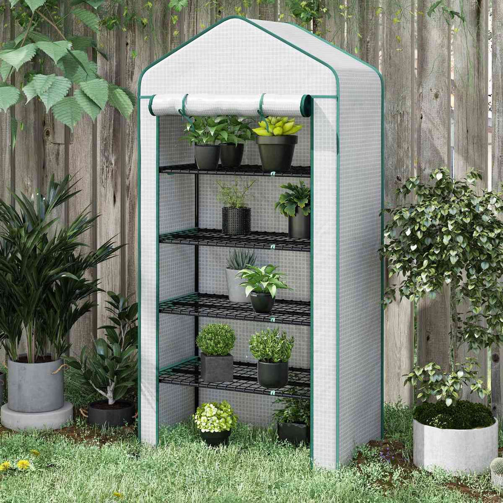Serre blanche à cinq niveaux avec plantes au jardin