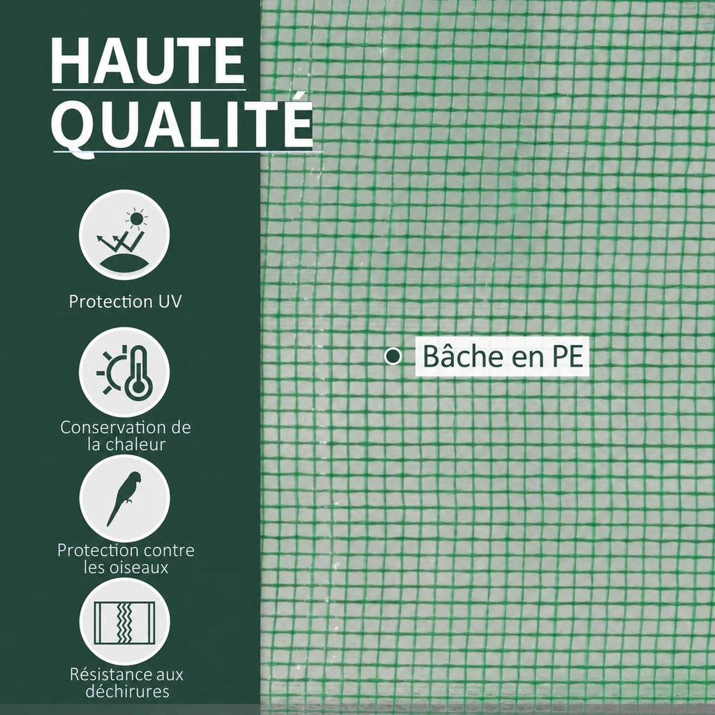 Gros plan sur la bâche verte tramée de la mini-serre tunnel