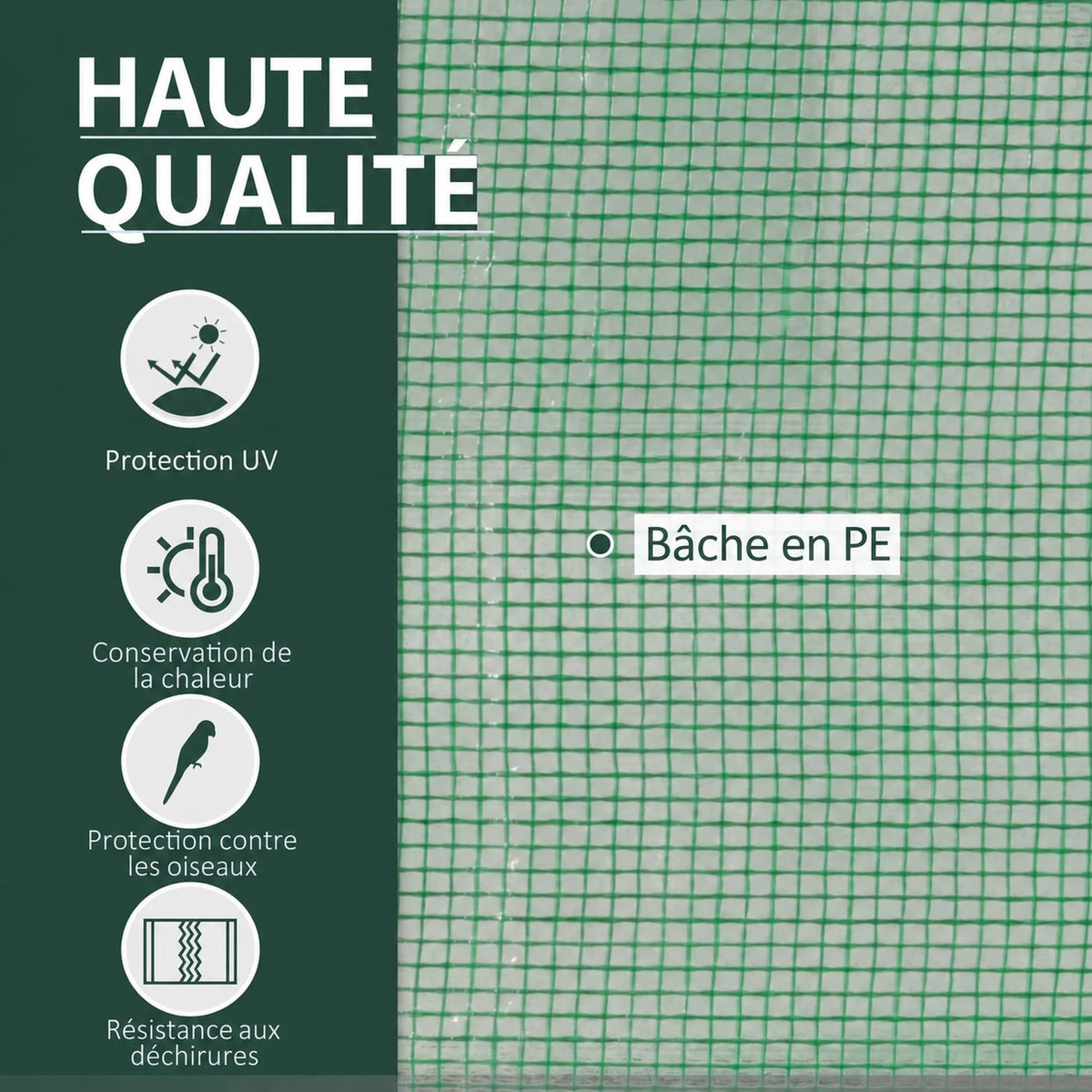 Gros plan sur la bâche verte tramée de la mini-serre tunnel