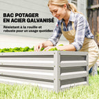 Femme jardinant dans un bac potager argenté en métal